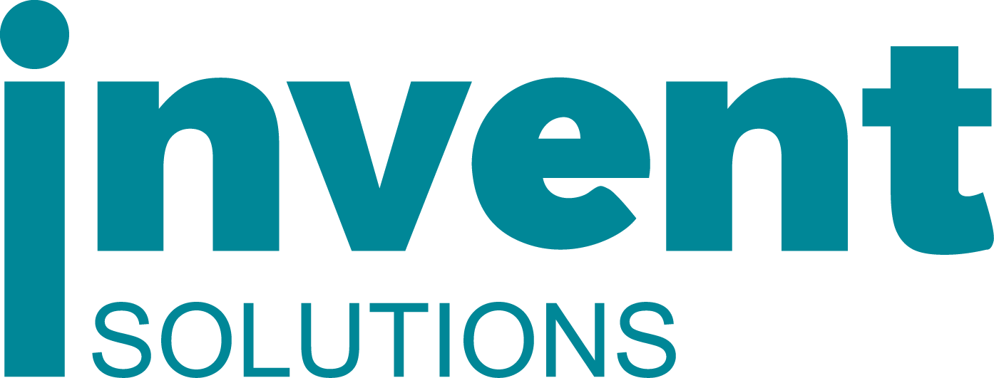 A blue and white logo for invent solutions