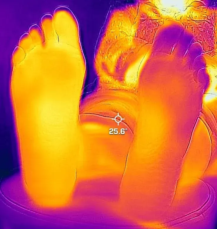 A thermal image of a person 's feet in a bowl of water.