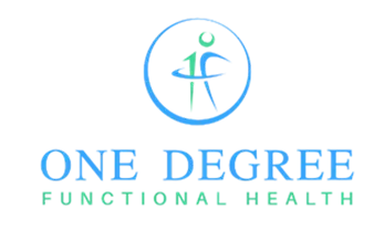 A logo for one degree functional health with a person in a circle