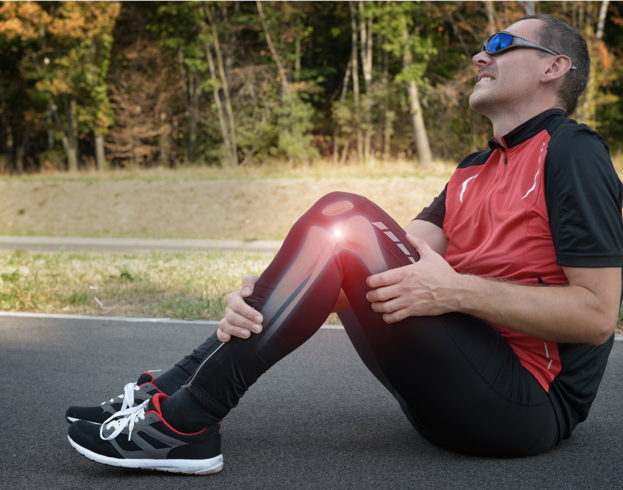 A man is sitting on the ground with his knee in pain.