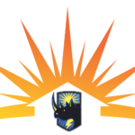 Stylized sunburst above a black shield with a yellow star and blue accents on a white background