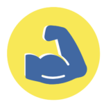 Blue flexed arm muscle icon inside a yellow circle on a white background