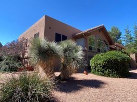 Desert-style building with tan walls, spiky shrubs, and a blue sky on a sunny day