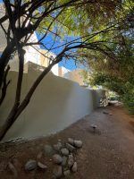 Shaded dirt path beside a white wall, with trees arching overhead and rocks along the edge.