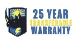 25-year transferable warranty badge with shield logo and lightning bolt, blue and yellow text