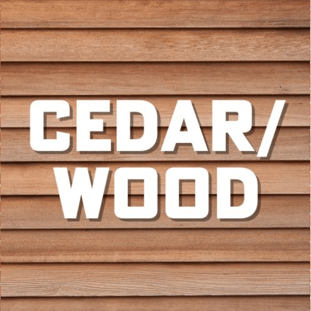 White “CEDAR/WOOD” text on a wood plank background.