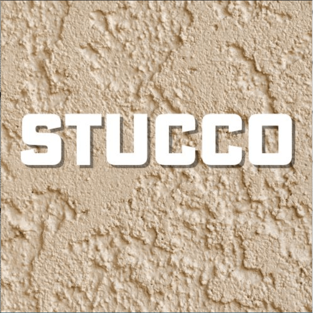 White “STUCCO” text on a beige textured stucco wall background