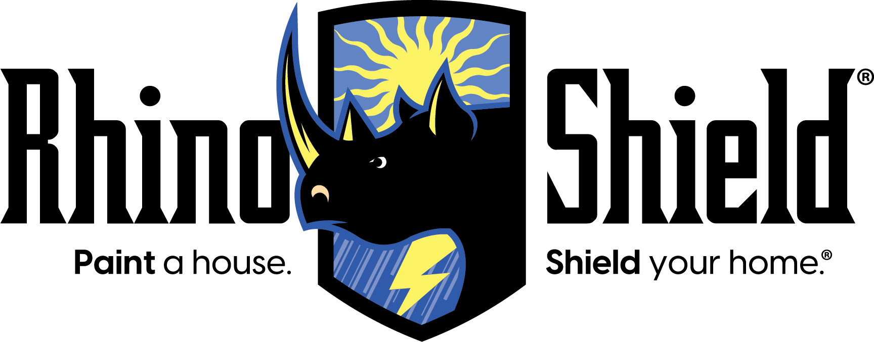 Rhino Shield logo with black shield and yellow rhino graphic; tagline reads “Paint a house. Shield your home.”