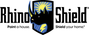 Rhino Shield logo with black shield and yellow rhino graphic; tagline reads “Paint a house. Shield your home.”