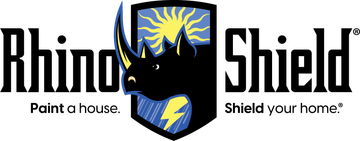 Rhino Shield logo with black shield and yellow rhino graphic; tagline reads “Paint a house. Shield your home.”