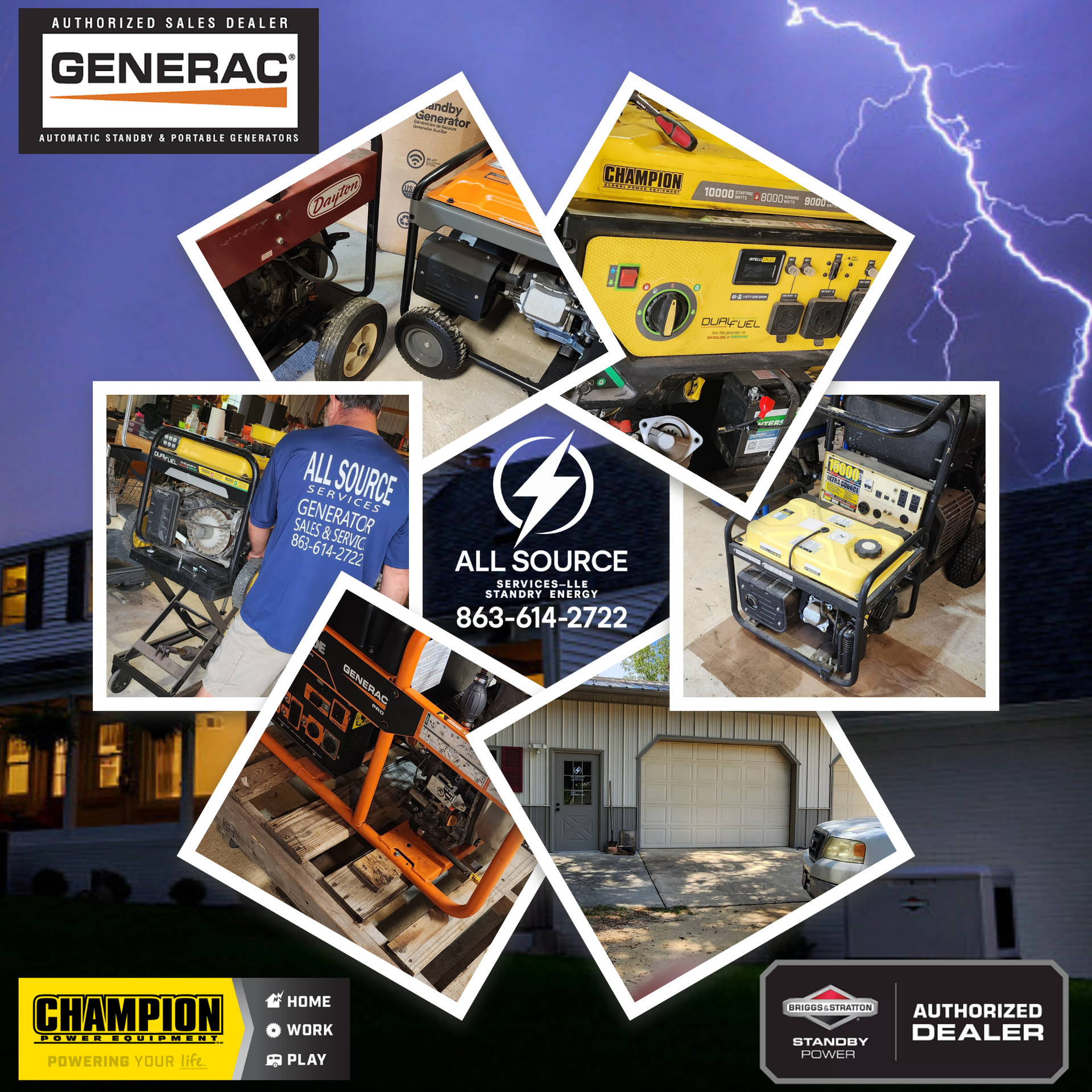 Man crouching next to a Generac generator against a yellow building with landscaping. Man crouching next to a Generac generator against a yellow building with landscaping.