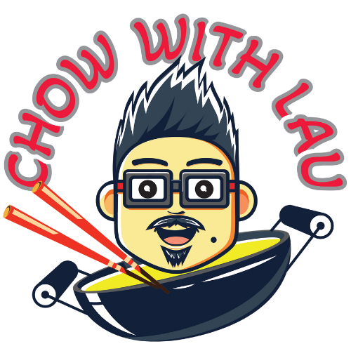 Cartoon of a man with chopsticks and a wok, “Chow with Lau” logo in red text.