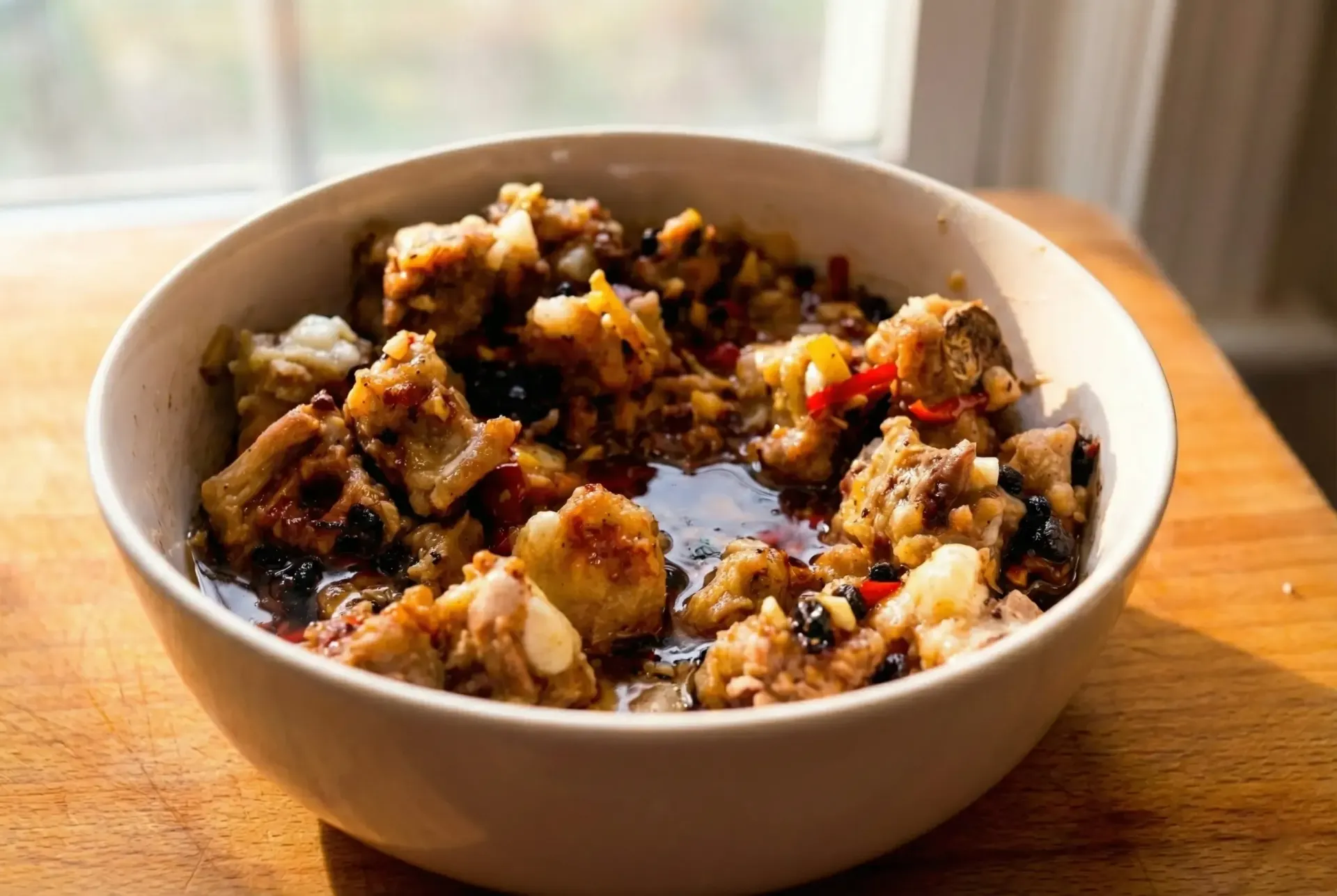 A bowl of stew with chunks of meat and vegetables on a wooden surface, near a window.