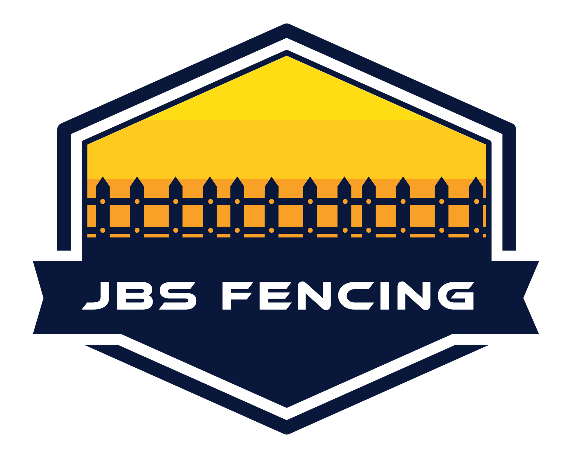 JBS Fencing logo with yellow and navy hexagon, fence graphic, and bold white text