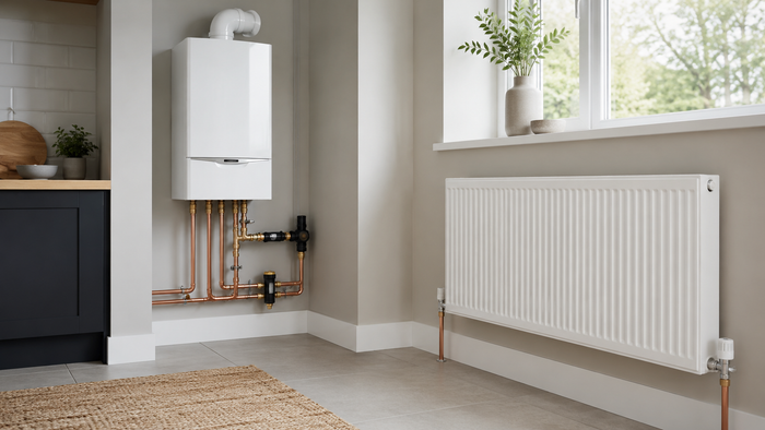 Modern white boiler and radiator in a bright room with a window and potted plant
