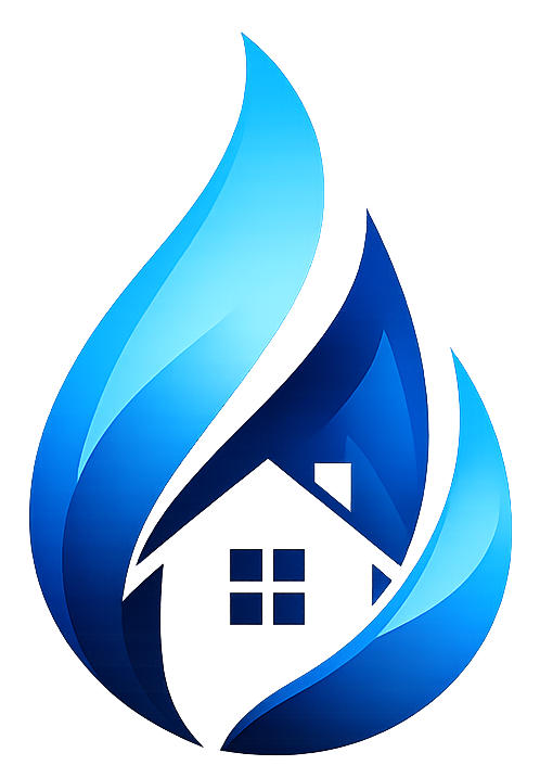 Blue flame-shaped logo with a white house and windows inside