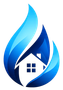 Blue flame-shaped logo with a white house and windows inside