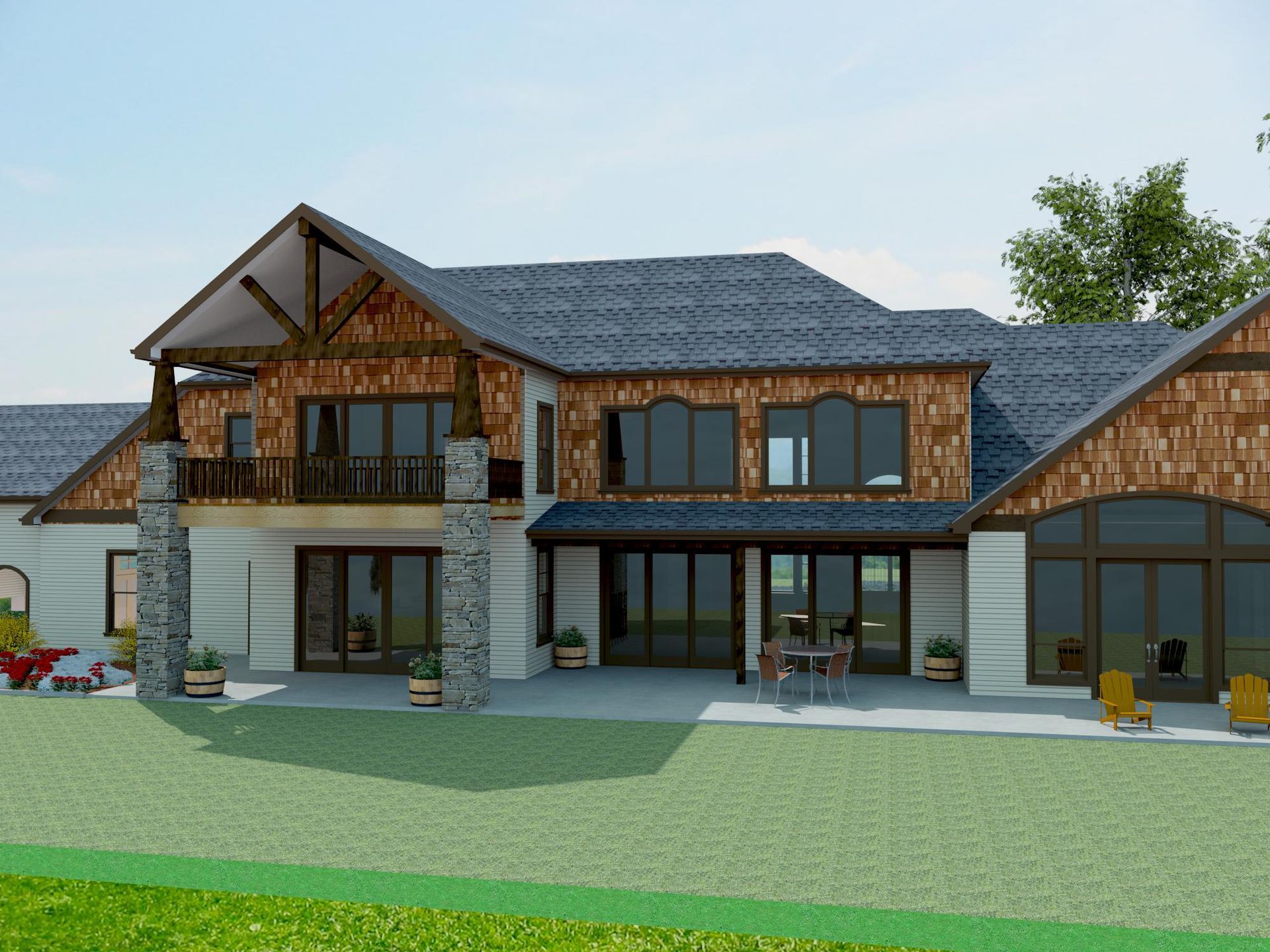 Large modern house with stone and wood exterior, wide windows, and a green lawn under a clear sky