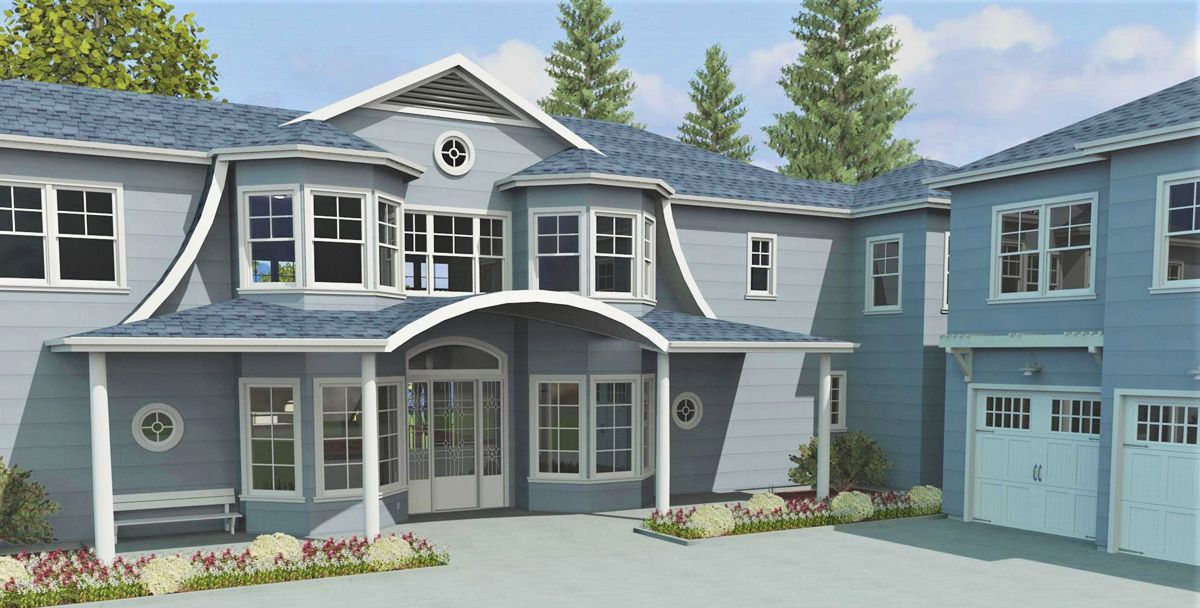 Blue two-story suburban house with white trim, front porch, garage, and landscaped front yard