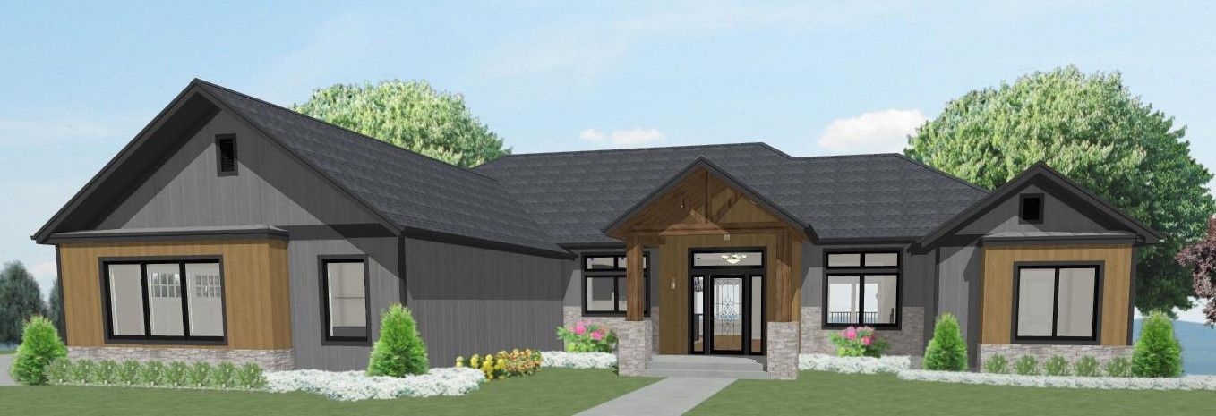 Modern single-story house with gray roof, stone accents, and a front porch in a green yard