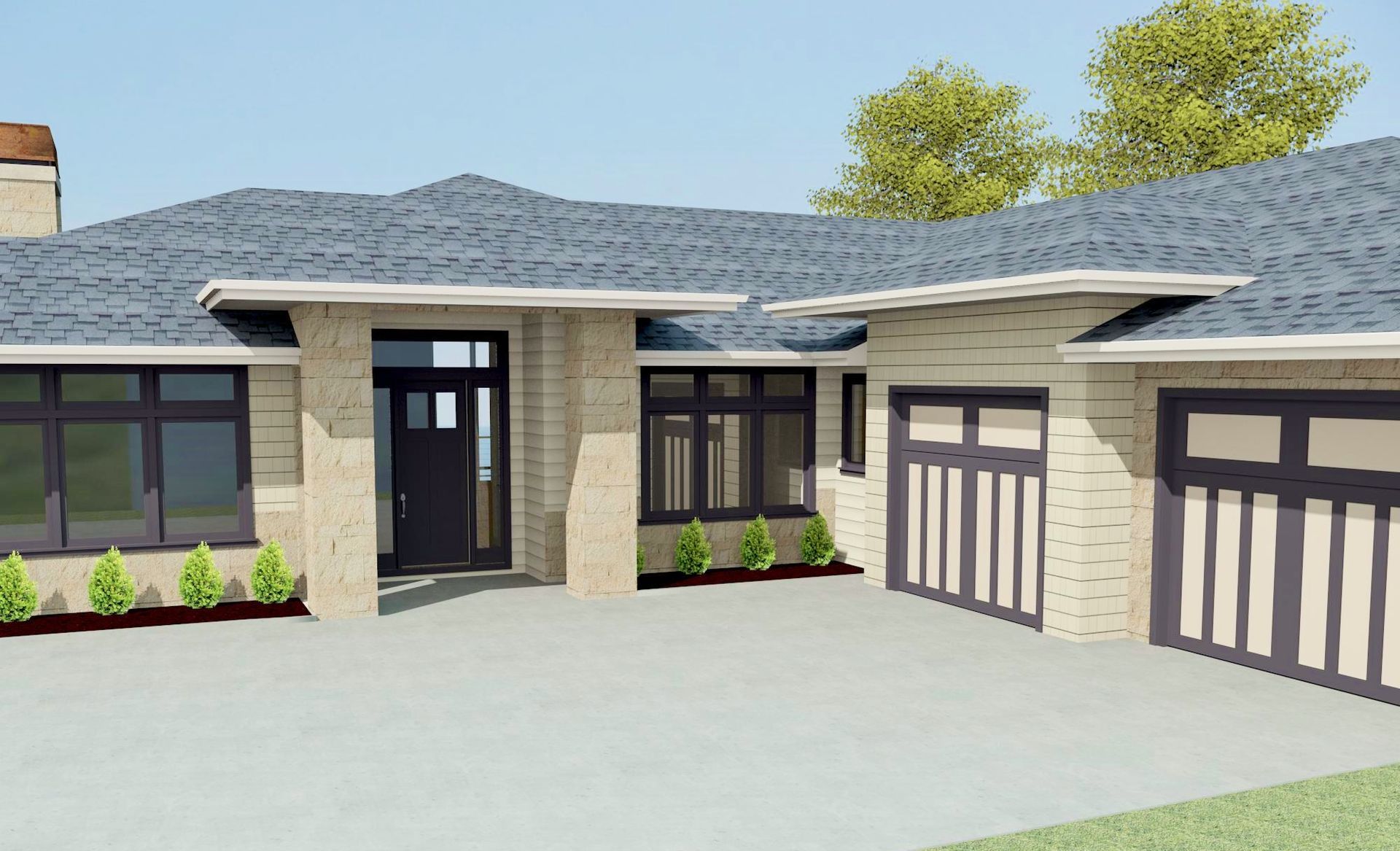 Modern single-story house exterior with beige brick, dark roof, and a double garage.