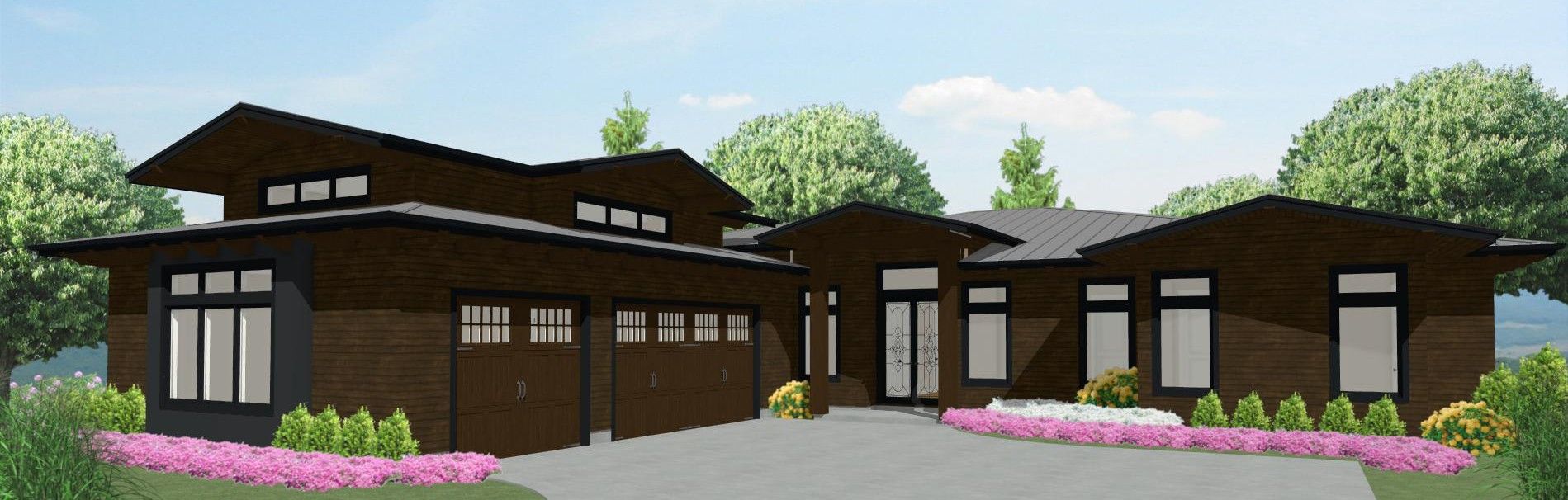 Modern single-story house with dark wood exterior, large windows, and pink flowers in front yard