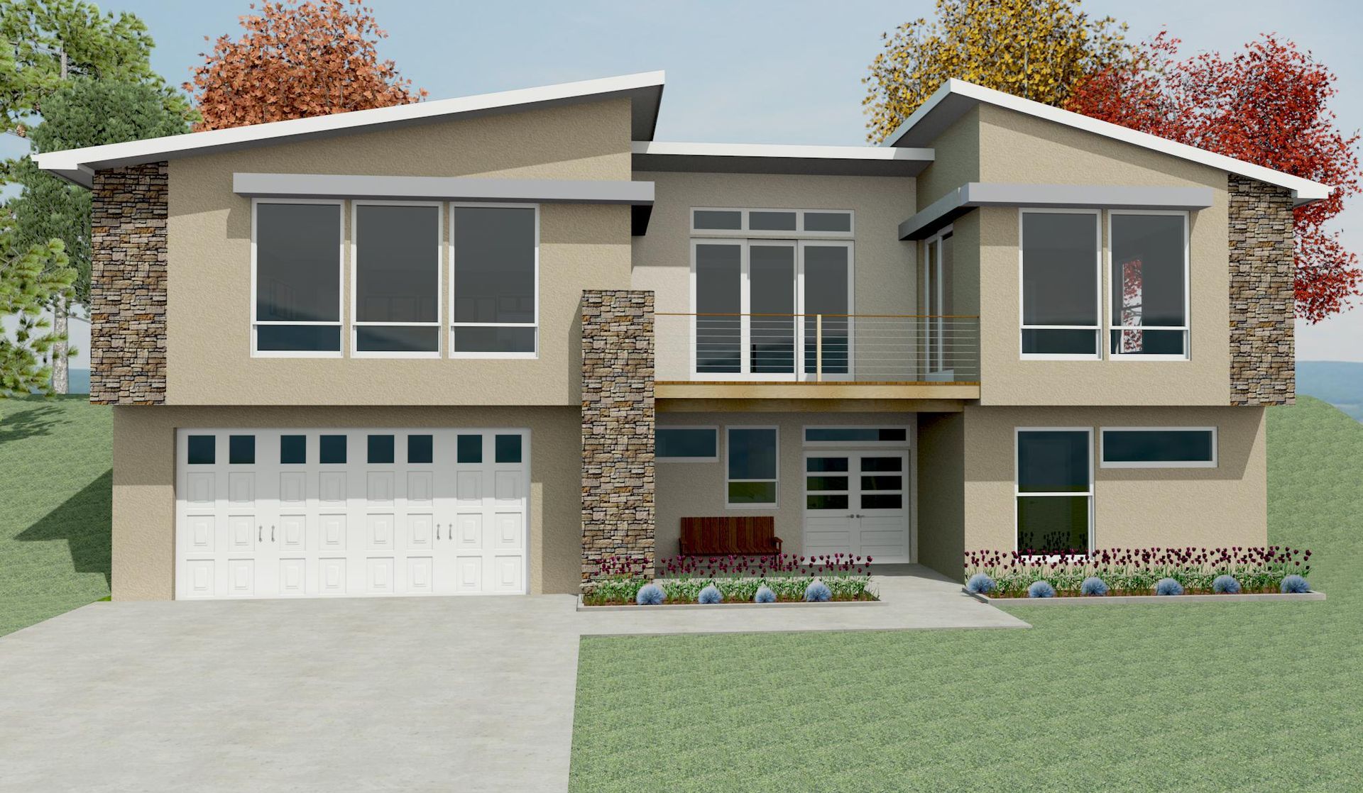 Modern two-story suburban house with a two-car garage and front porch, surrounded by lawn and trees