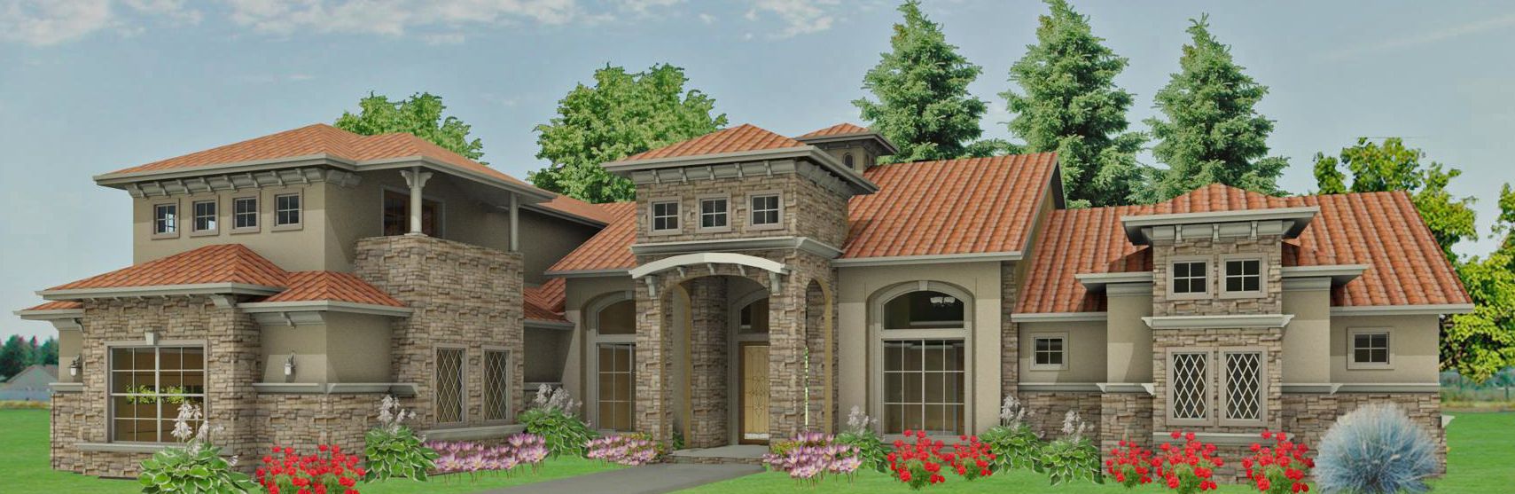 Large stone house with red-tile roofs, arched entryway, and flower beds in front
