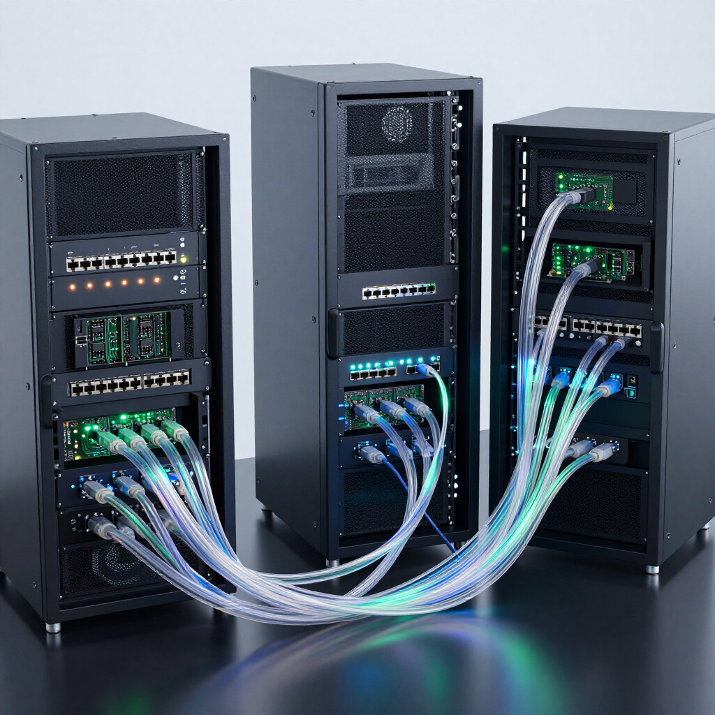 Three server towers connected by translucent, glowing light-filled fiber optic cables on a dark surface.