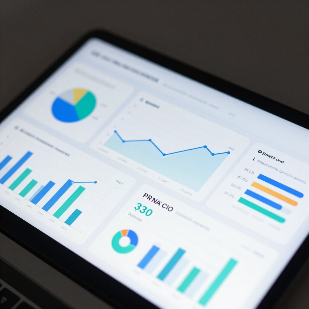 A tablet screen displaying a business analytics dashboard with various charts, graphs, and data visualizations.