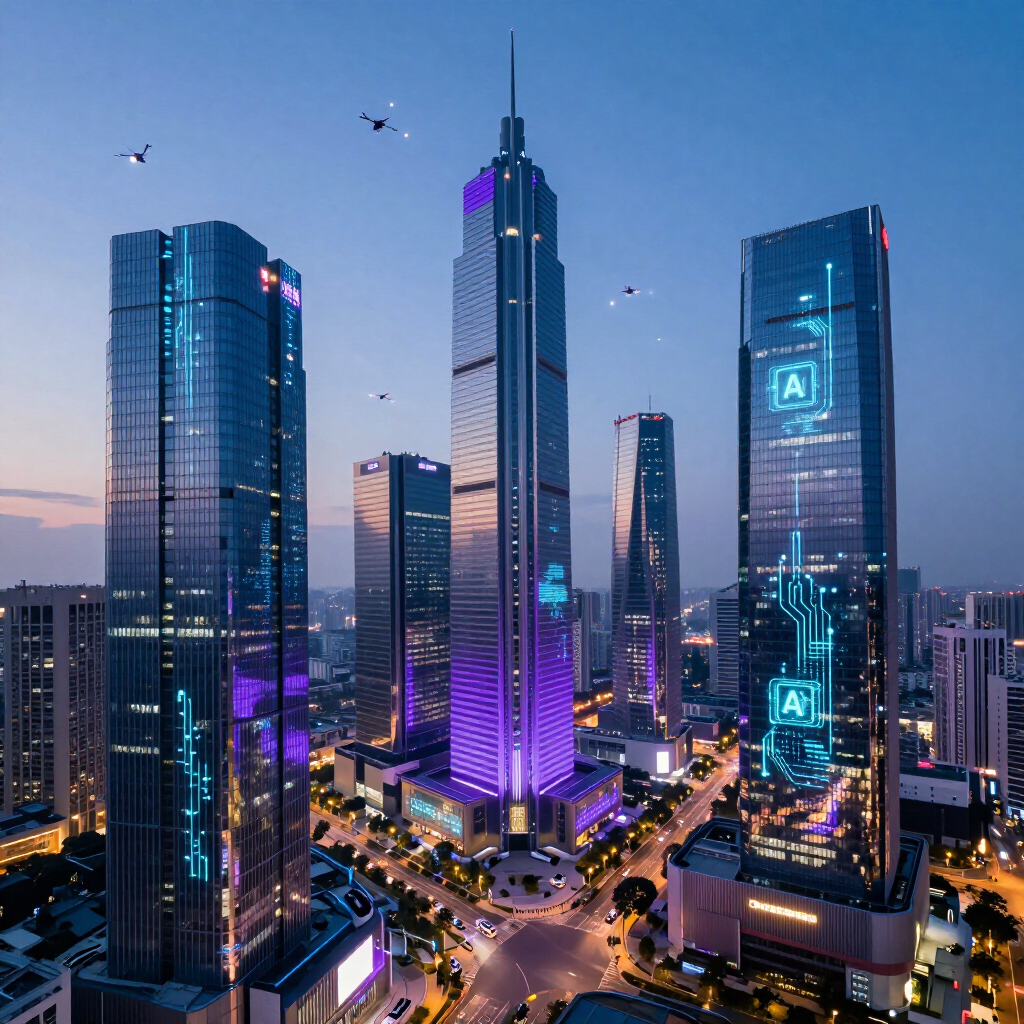 A futuristic city skyline at dusk with glowing blue circuit board patterns on skyscrapers and small drones flying above.