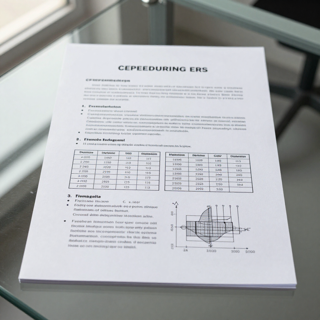 A document with tables and a technical diagram, resting on a glass desk.