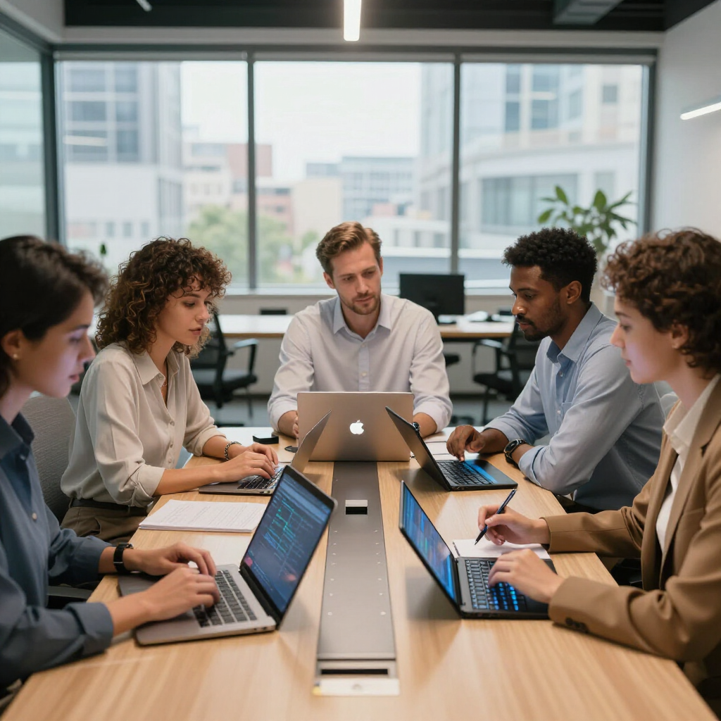 A diverse group of colleagues collaborate at a light wood conference table, working on laptops in a modern office.