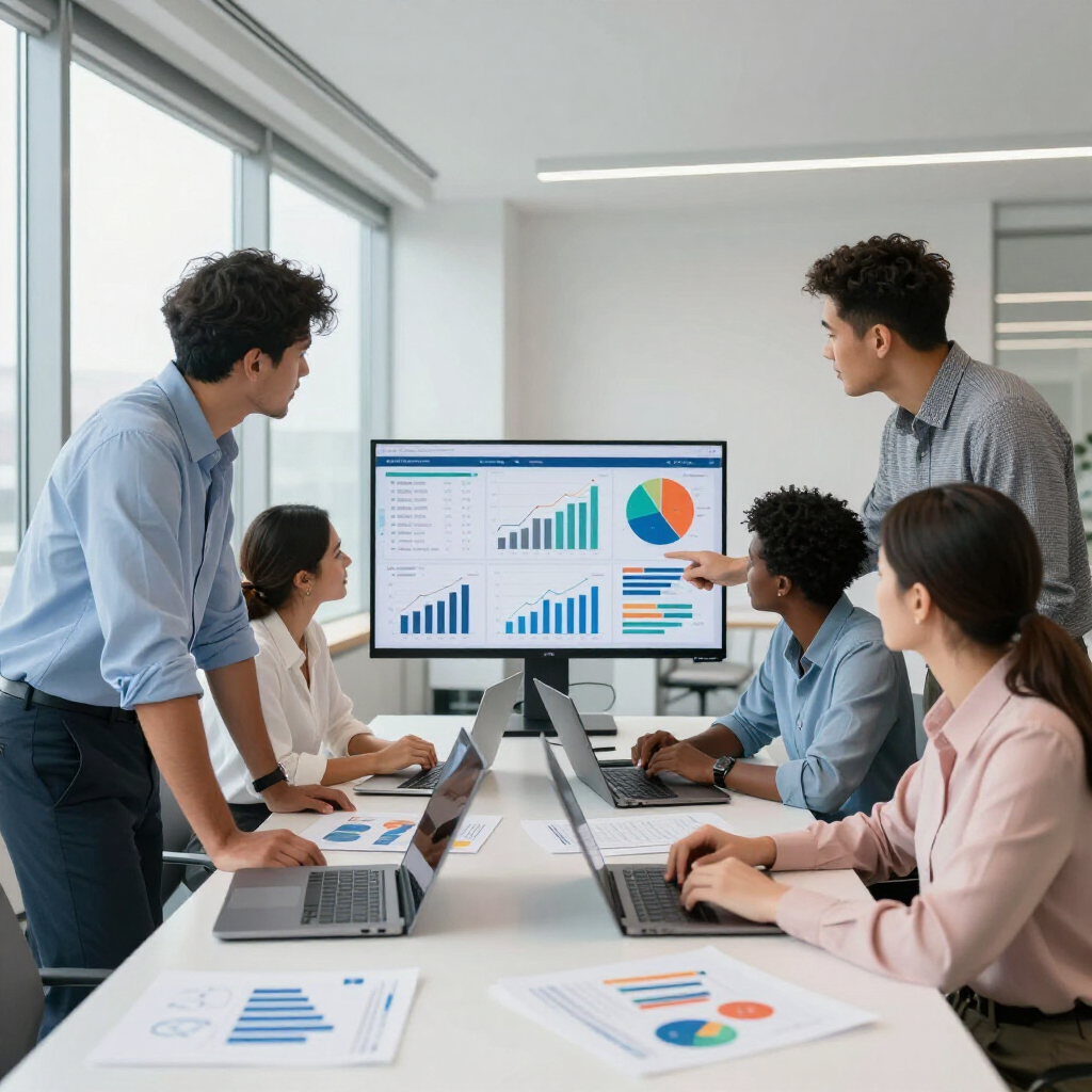 A team of professionals collaborating around a conference table while reviewing data visualizations on screens.