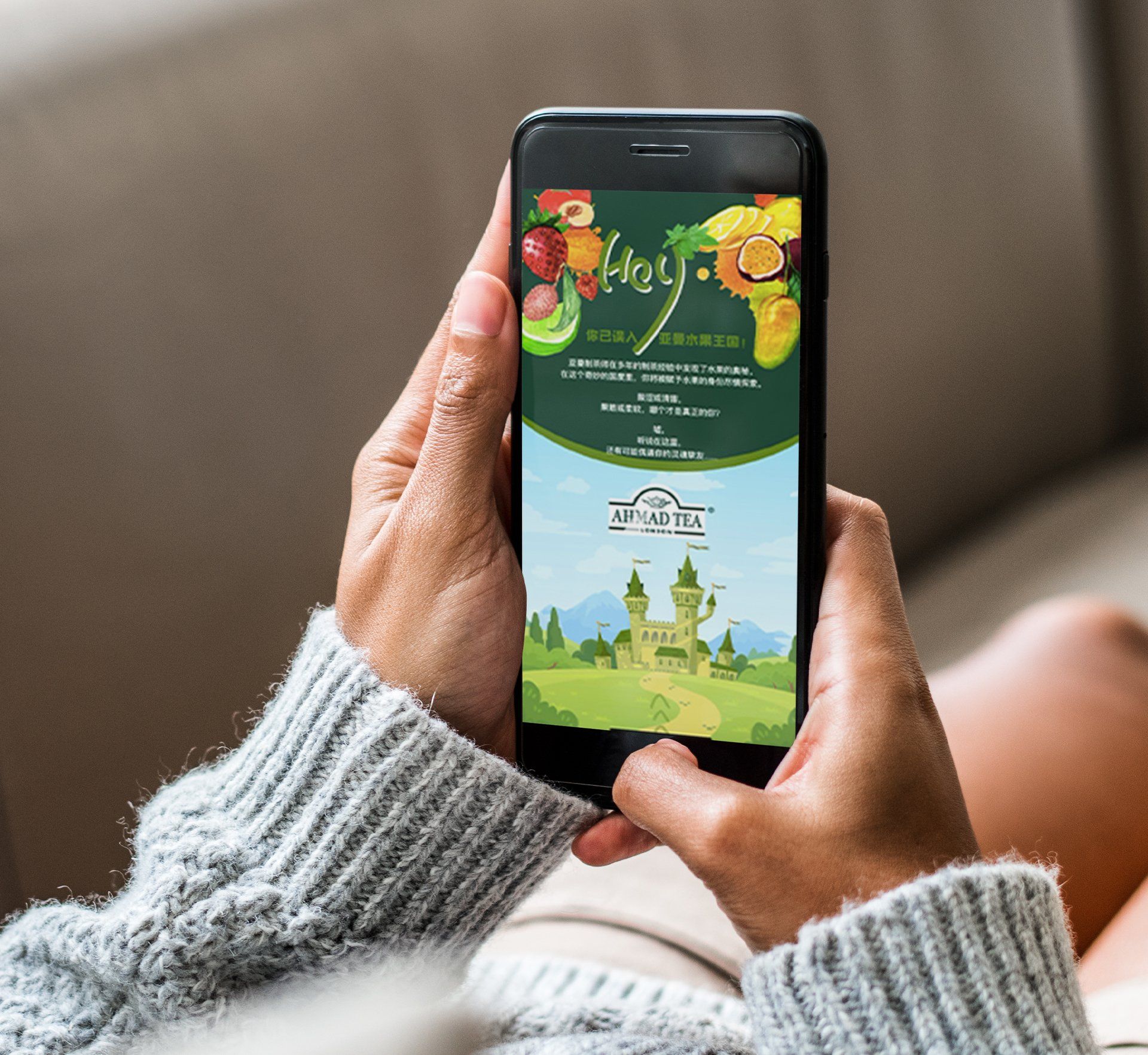 A person is holding a cell phone with a picture of a castle on the screen.