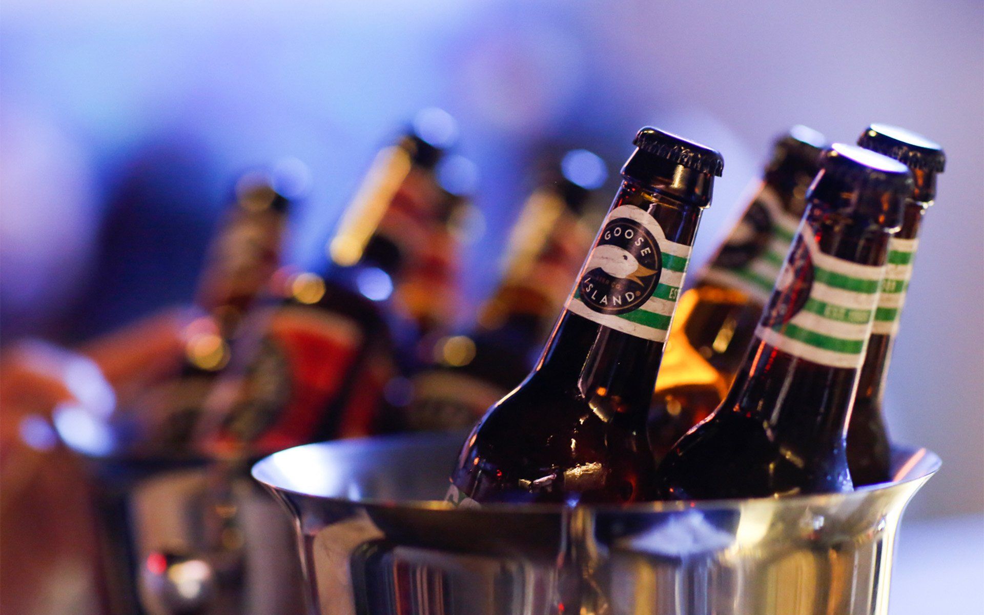 A bucket filled with bottles of beer on a table.