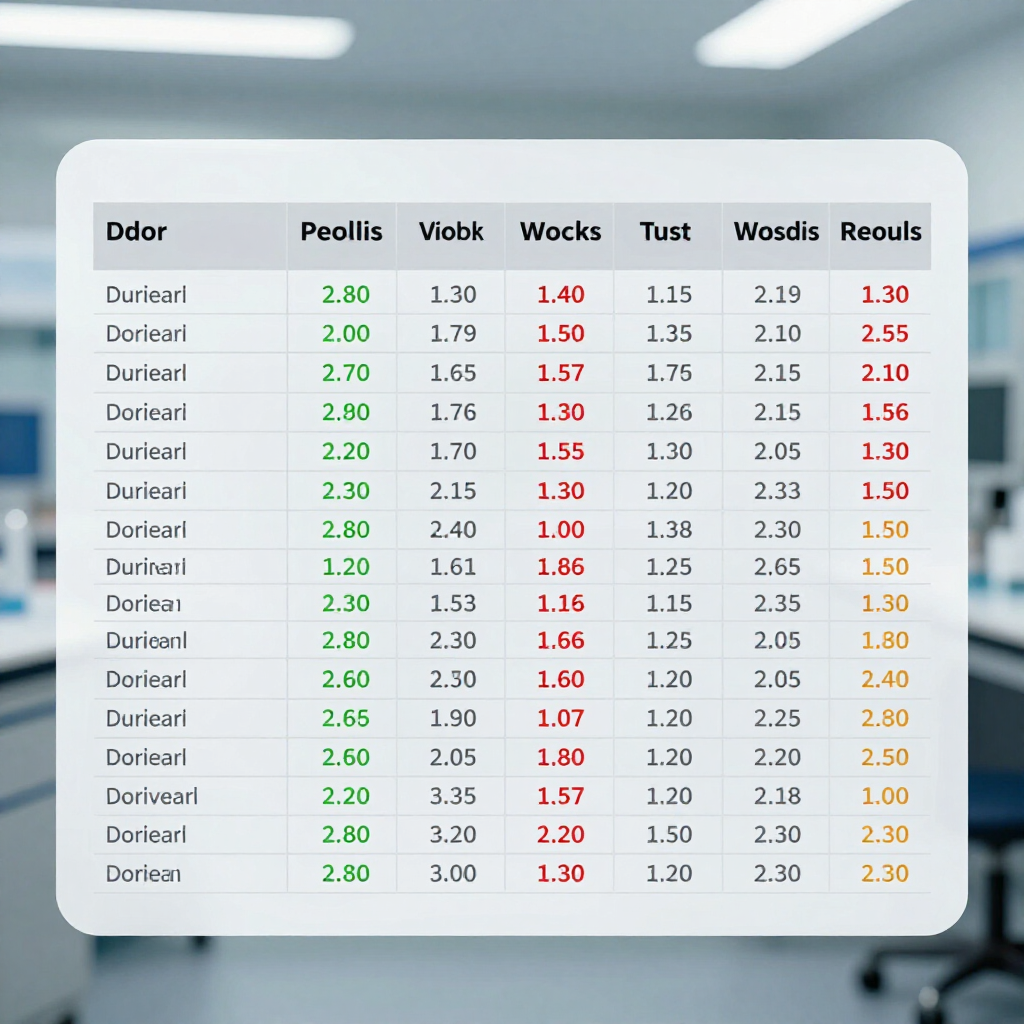 A data table showing rows of numerical values labeled in green, red, and orange, overlaid on a blurry laboratory background.