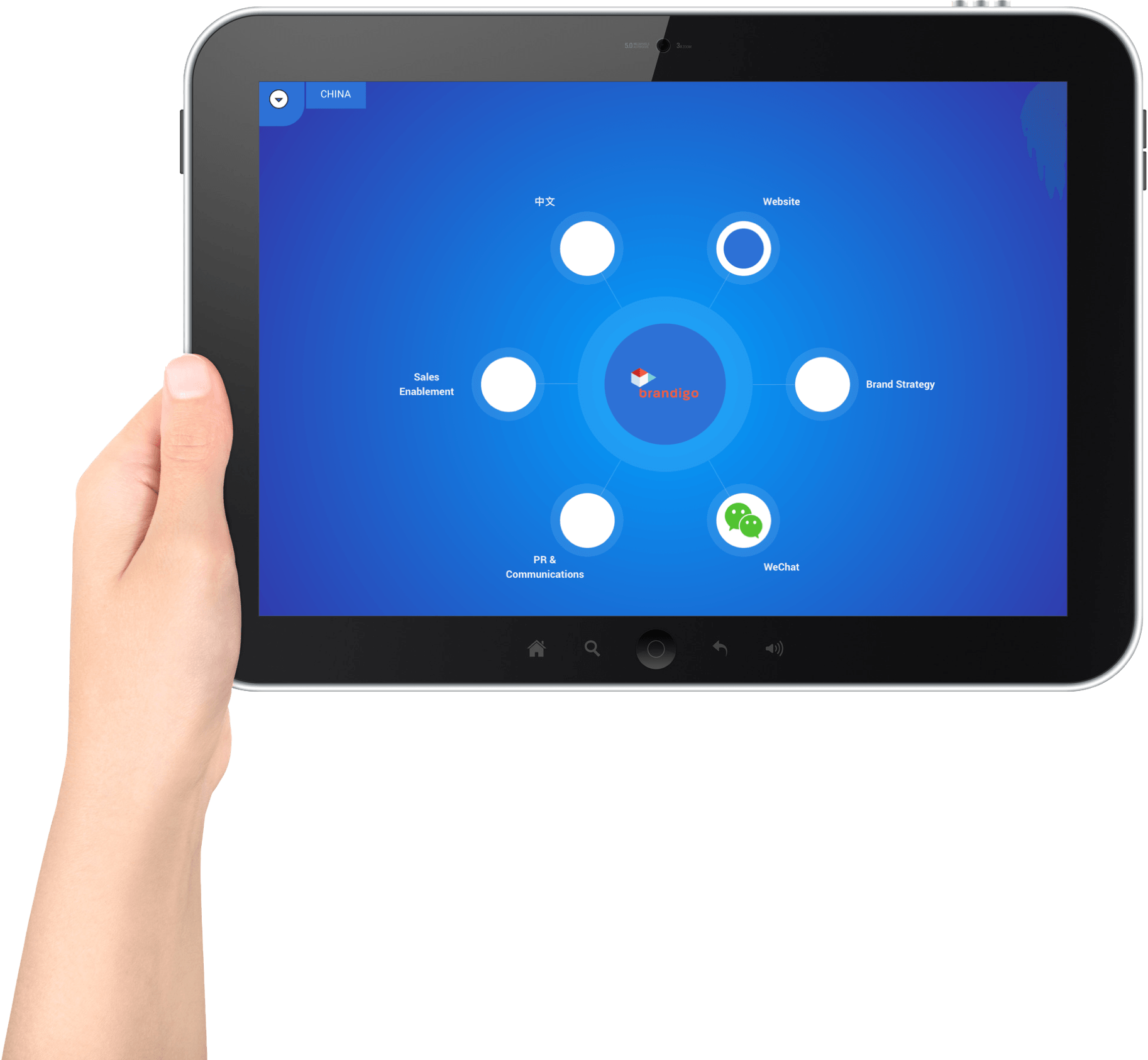A hand is holding a tablet with a blue screen