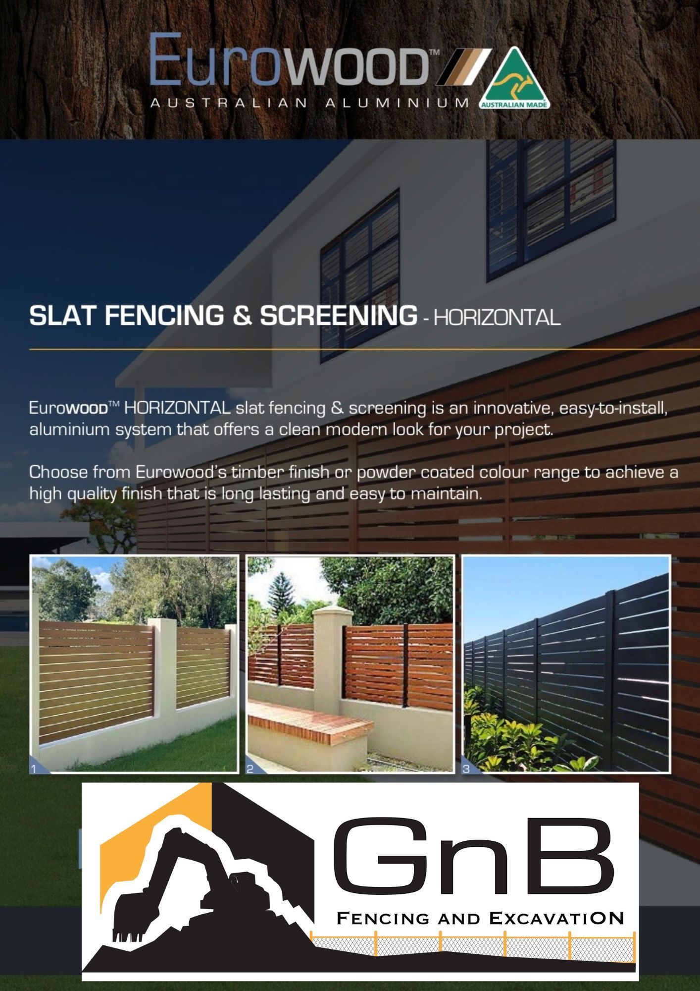 Eurowood promotional flyer for horizontal slat fencing and screening with product photos and GnB logo — GnB Fencing and Excavation in Queanbeyan, NSW