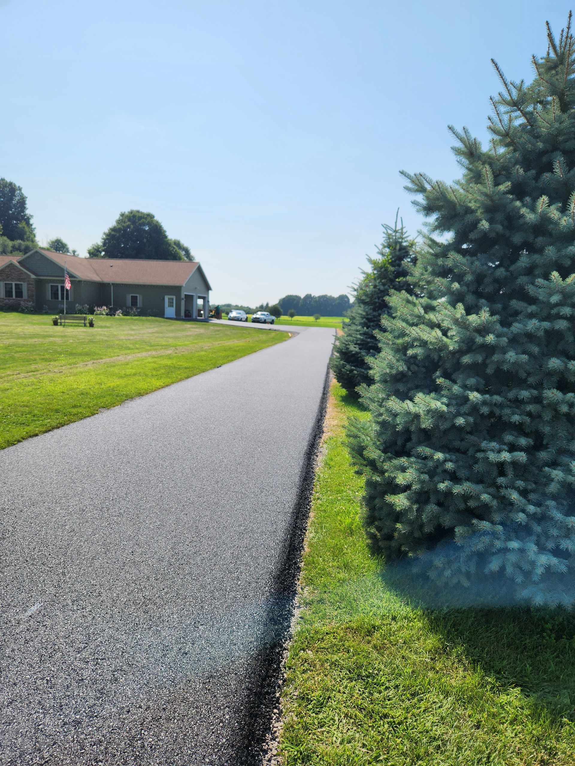 Gravel driveway beside a house and green lawn, with a large evergreen tree on the right.
