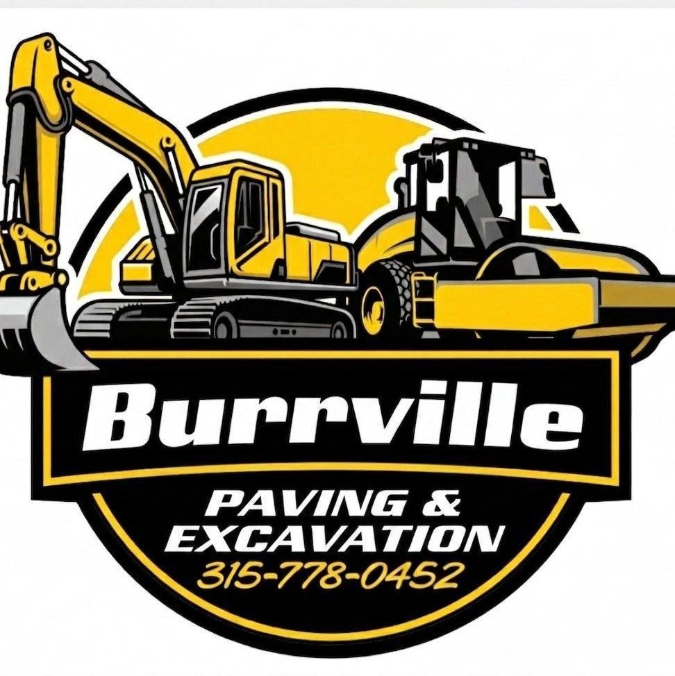 Burrville Paving & Excavation logo with yellow excavators and black text on a yellow circle