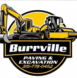 Burrville Paving & Excavation logo with yellow excavators and black text on a yellow circle