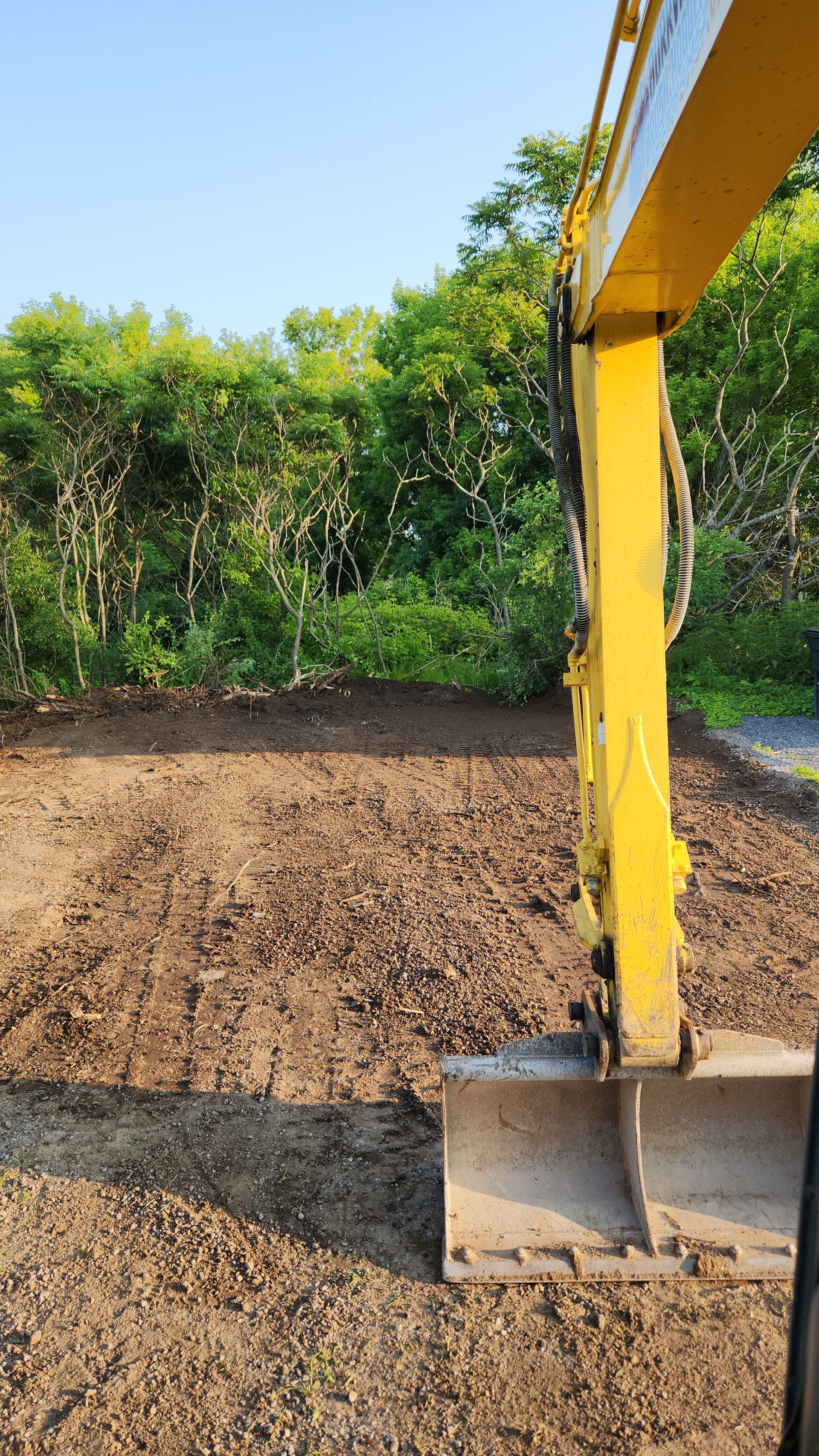 Yellow excavator bucket over a cleared dirt lot beside dense green trees and blue sky