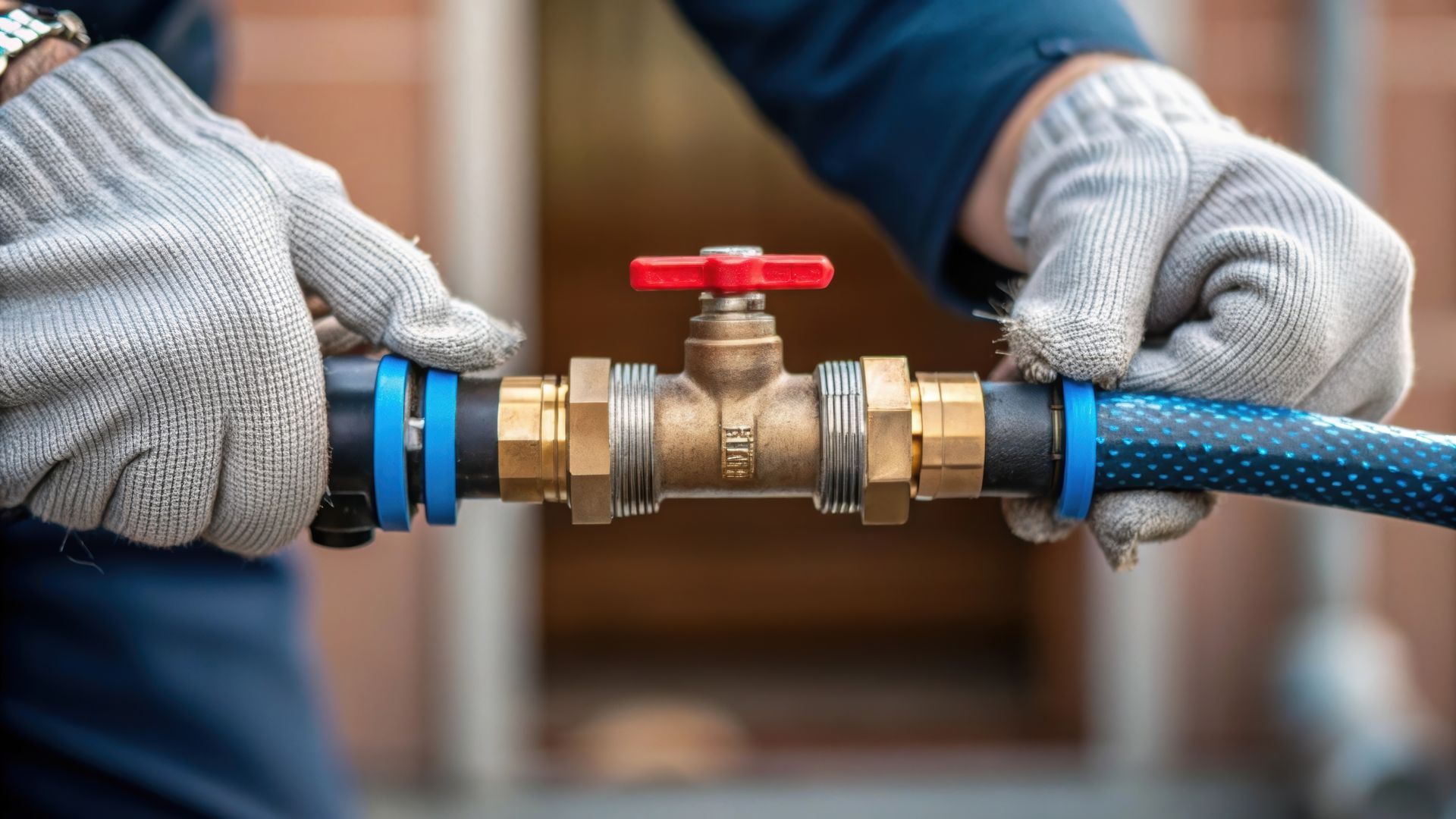 Hands in gloves connecting water hose to brass valve with red handle.