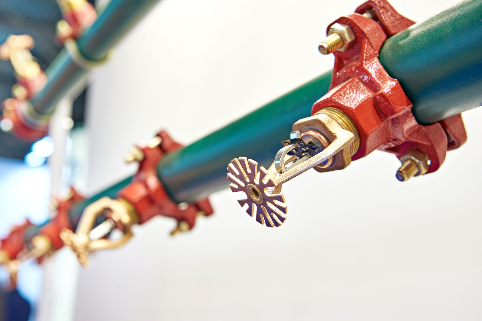 Fire sprinkler system with green pipes and red mounts against a white wall.