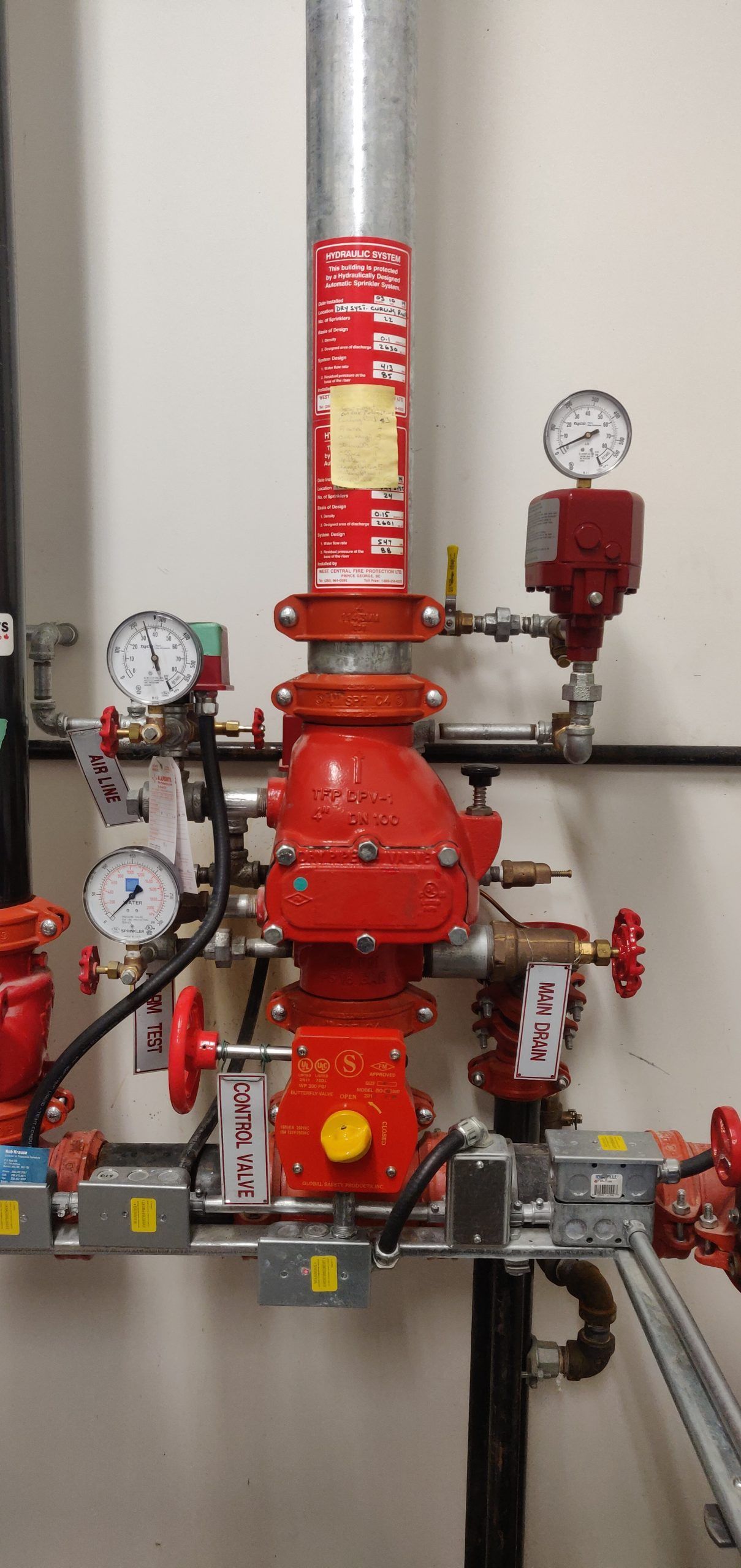 Red fire sprinkler system components mounted on a wall with gauges and pipes.