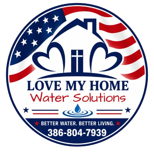 Love My Home Water Solutions logo with American flag, heart, house, and phone number 386-804-7939