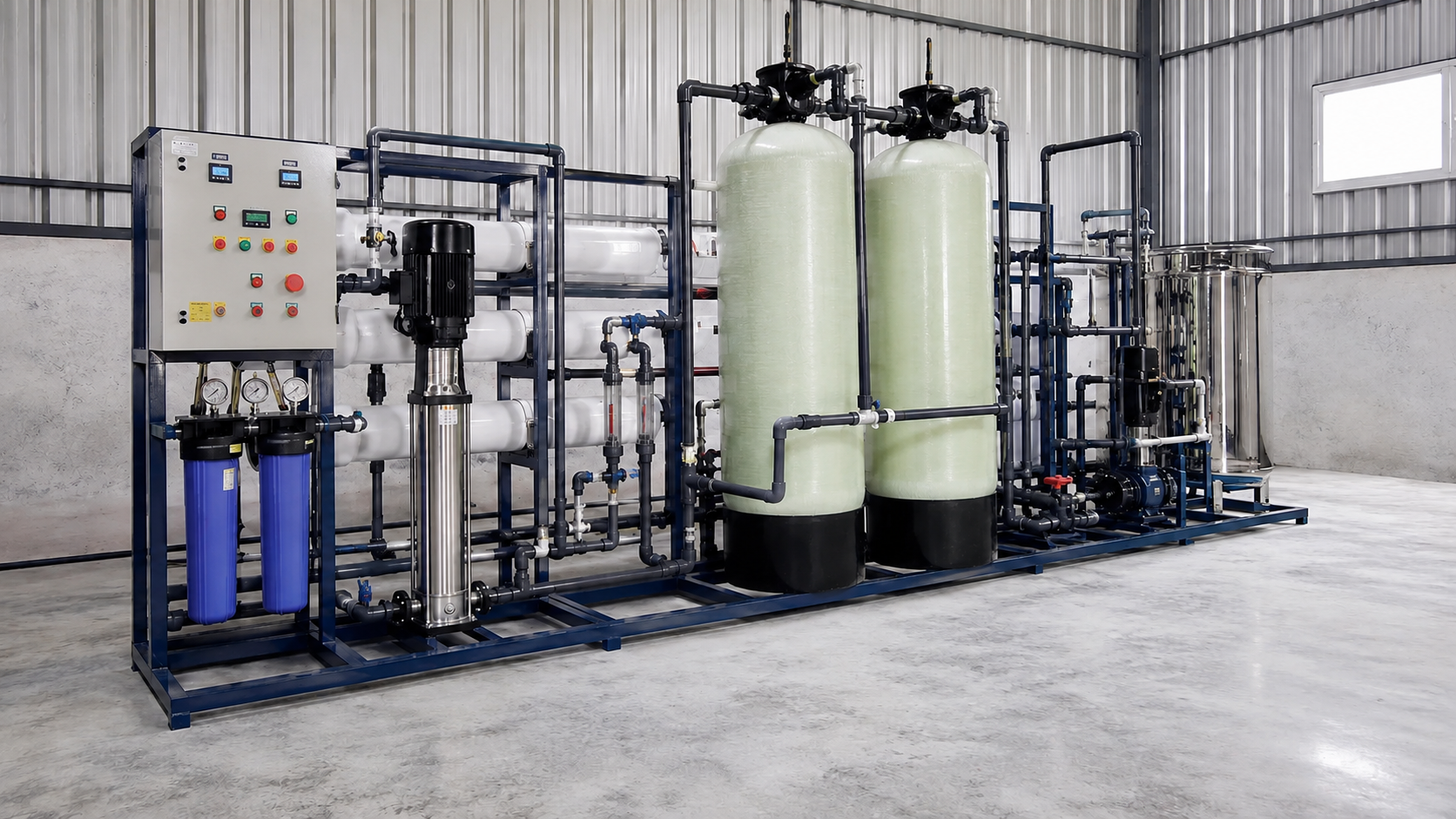 Industrial water treatment system with tanks, pipes, and control panel inside a warehouse.