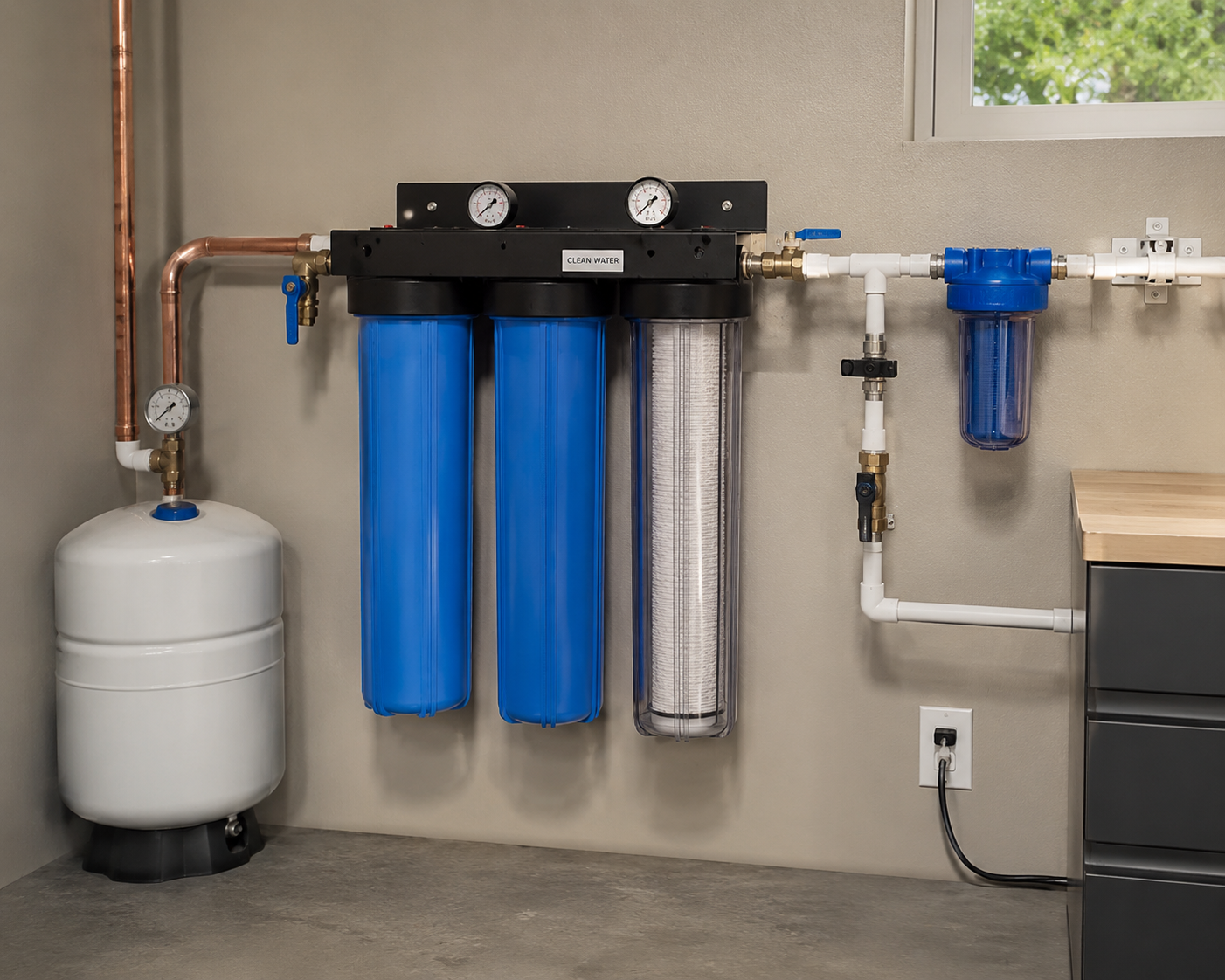 Water filtration system with blue and silver filters, pipes, and a white tank in a utility room.