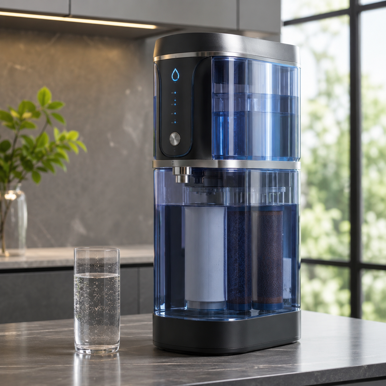 Countertop water purifier beside a glass of water in a modern kitchen